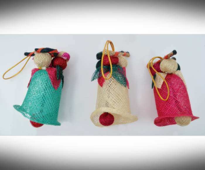 Sinamay Bell with Candy Cane Ornament Set of 3